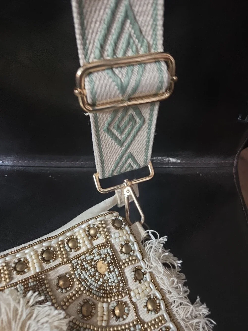Boho Beaded Fringe Crossbody Bag Cream Gold Pearl - Used